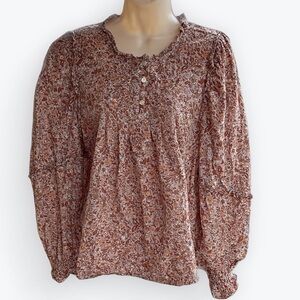 Universal Thread Ruffled Prairie Cottage Pleated Bodice Top Rayon & Cotton ~ L